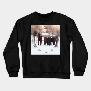 Four horses grazing on white snowy pasture Crewneck Sweatshirt